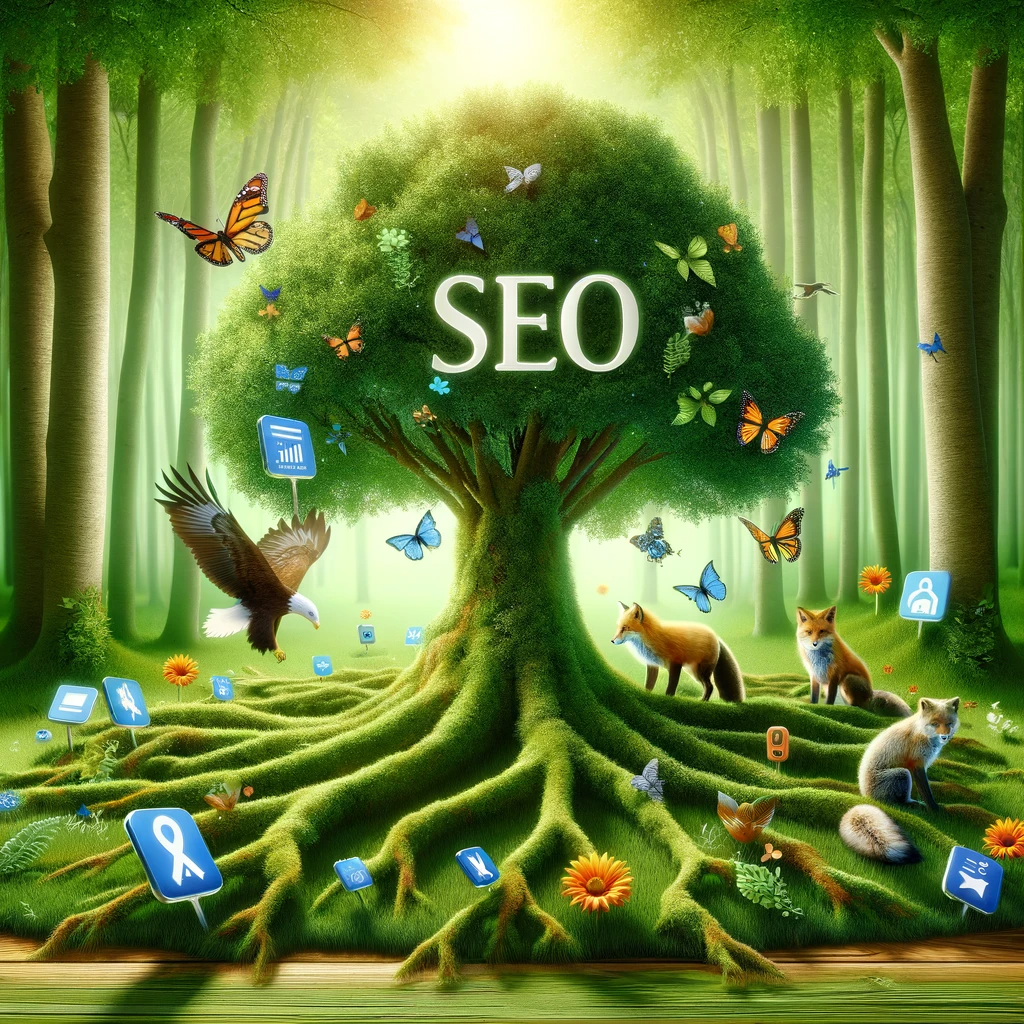 A lush, vibrant forest growing around a large, organic tree with roots shaped like SEO keywords and leaves resembling search engine result pages. The