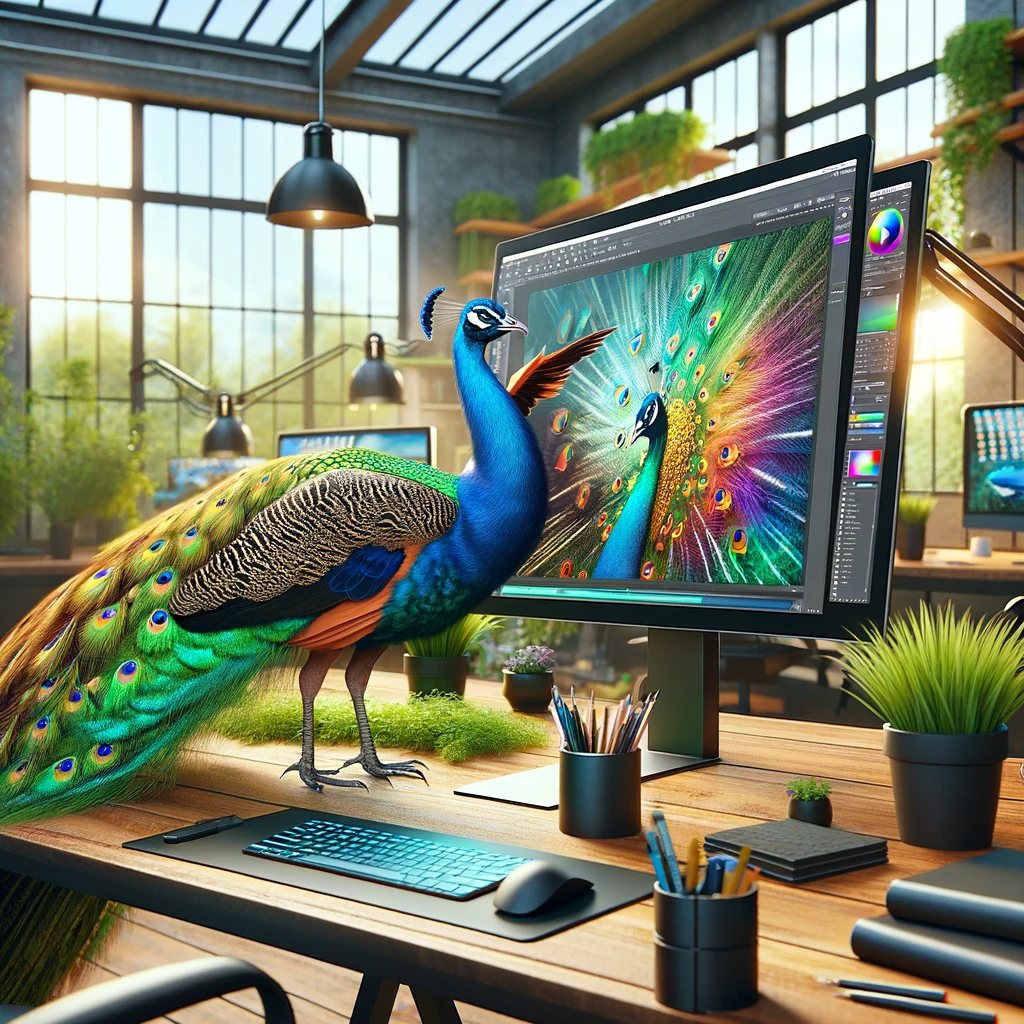 Image of a peacock engaging in web design in a modern, well-lit office space. The peacock, with vibrant and colorful feathers,