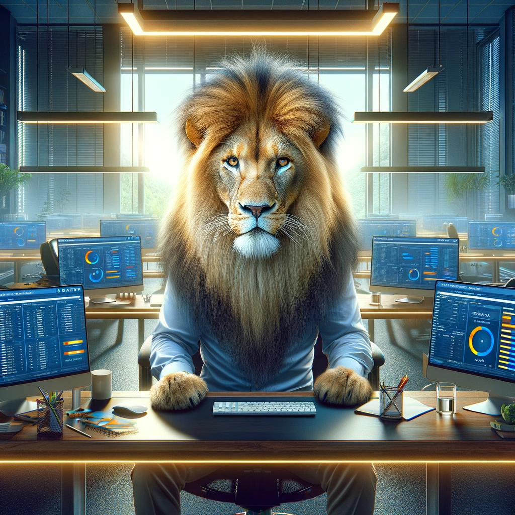 Imagine a scene where a majestic lion, embodying wisdom and strength, is performing SEO work in an ultra-modern office. The lion, with a regal mane an (2)