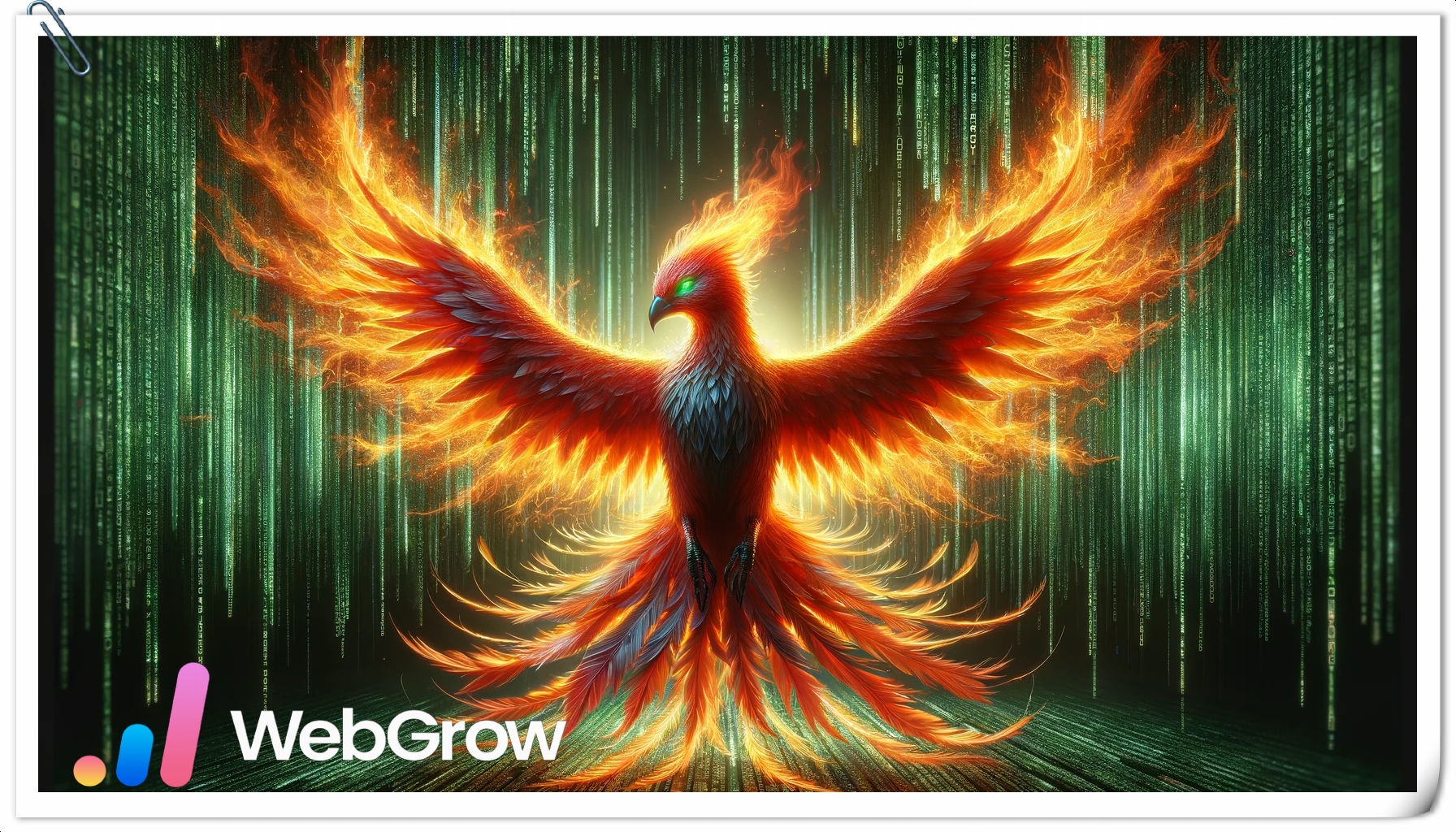Ultra-high-definition, hyperrealistic image of a Phoenix in rebirth against a Matrix-style background. The Phoenix is radiant with vibrant, fiery colo (4)