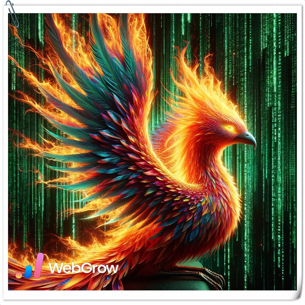 Ultra-high-definition, hyperrealistic image of a Phoenix in rebirth against a Matrix-style background. The Phoenix is radiant with vibrant, fiery colo