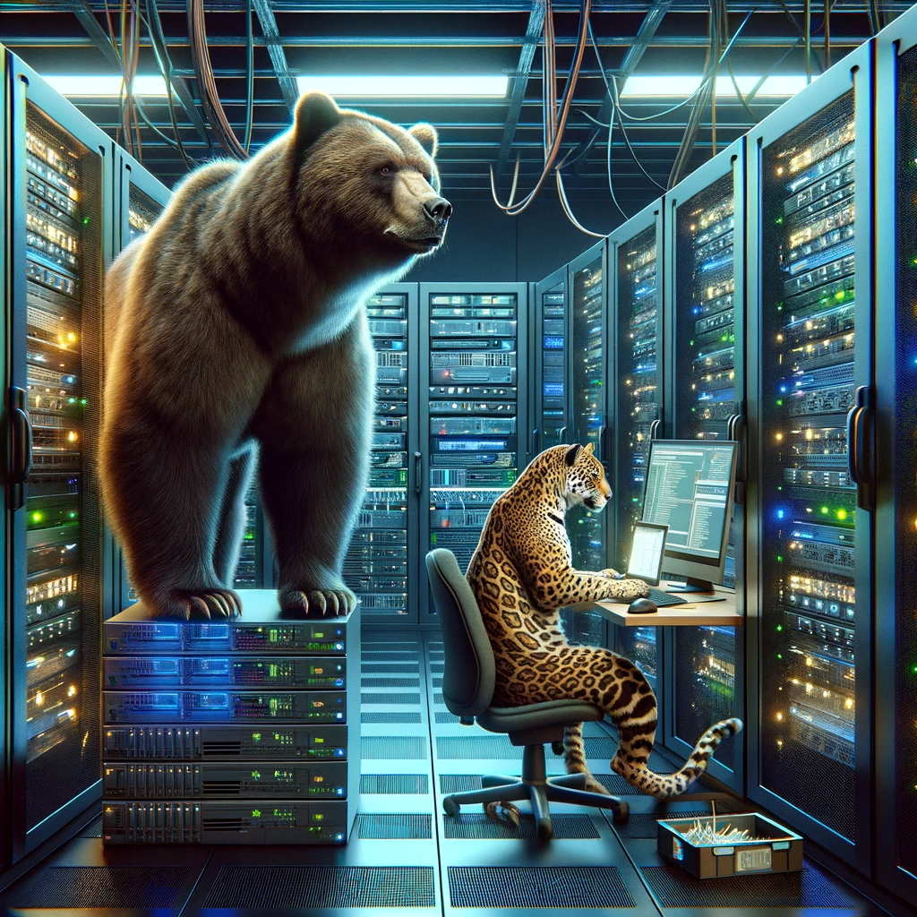 grizzly bear and a jaguar managing a web hosting data center. The bear checks server racks and monitors equipment,